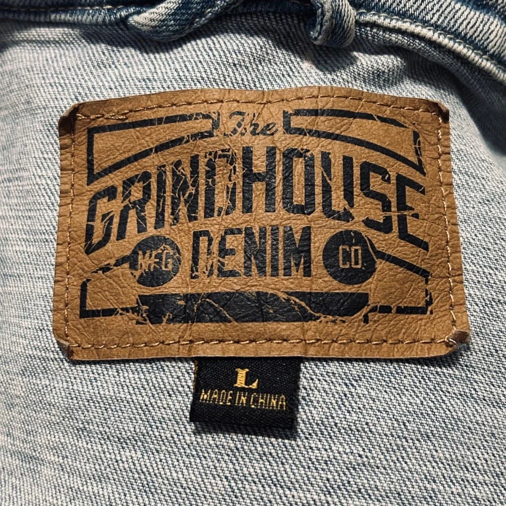 Grindhouse Denim Mens‎ Large Light Wash Distressed Ripped Jean Trucker Jacket